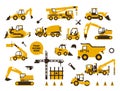 Big set of icons construction work. Building machinery, special transport. Heavy Equipment. Trucks, cranes, tractors Royalty Free Stock Photo