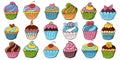 Big Set of icons of cupcakes, muffins in hand draw style. Collection of vector illustrations. Sweet pastries, cute