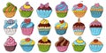 Big Set of icons of cupcakes, muffins in hand draw style. Collection of vector illustrations. Sweet pastries. Sign Royalty Free Stock Photo