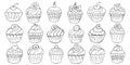 Big Set of icons of cupcakes, muffins in hand draw style. Collection of vector illustrations for your design. Sweet