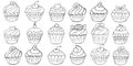 Big Set of icons of cupcakes, muffins in hand draw style. Sweet pastries, cute muffins. Outline drawing, coloring book