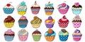 Big Set of icons of cupcakes, muffins in hand draw style. Sweet pastries, cute muffins. Sign, sticker