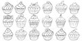 Big Set of icons of cupcakes, muffins in hand draw style. Sweet pastries, muffins. Outline drawing, coloring Royalty Free Stock Photo