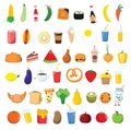 Big set icons food, flat style. Fruits, vegetables, meat, fish, bread, milk, sweets. Meal icon isolated on white Royalty Free Stock Photo