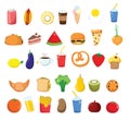 Big set icons food, flat style. Fruits, vegetables, meat, fish, bread, milk, sweets. Meal icon isolated on white Royalty Free Stock Photo