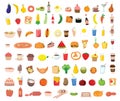 Big set icons food, flat style. Fruits, vegetables, meat, fish, bread, milk, sweets. Meal icon isolated on white Royalty Free Stock Photo