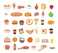 Big set icons food, flat style. Fruits, vegetables, meat, fish, bread, milk, sweets. Meal icon isolated on white Royalty Free Stock Photo