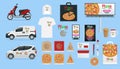 Big set icons of Pizzeria Cafe or Restaurant corporate brand identity mockup isolated. Pizzeria boxes, food delivery car