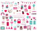 Big set of icons for Valentine s day. Vector illustration of 50 objects for the holiday on February 14. Set of flat Royalty Free Stock Photo