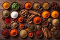 Big set of Indian and orientals spices and herbs with wooden spatulas. Royalty Free Stock Photo