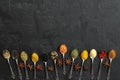 Big set of Indian spices on wooden table. Top view, Horizontal image. Royalty Free Stock Photo