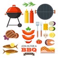 Barbecue set. Colorful clipart. Meat, fish, vegetables, grill. I Royalty Free Stock Photo