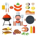 Barbecue set. Colorful clipart. Meat, fish, vegetables, grill. C Royalty Free Stock Photo