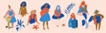 Big set of isolated icons in blue and orange colors. Girl reads book, woman near bicycle, full model woman, girl drinks Royalty Free Stock Photo