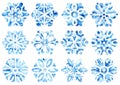 Big Set Of Isolated Watercolor Snowflakes. Winter Christmas And New Year`s Decor. Blue Elements On A White Background. Handmade O