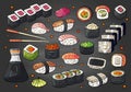 Big set of japan sushi and rolls collection on chalkboard. Vector hand drawn sushi collection, asian food Royalty Free Stock Photo