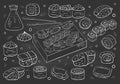 Big set of japan sushi and rolls collection on chalkboard. Vector hand drawn sushi collection, asian food on black backround Royalty Free Stock Photo