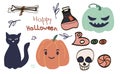 Big set of kawaii funny Halloween elements, characters, with text, haunted house, pumpkins, ghosts, cat, mummy . Isolated objects Royalty Free Stock Photo