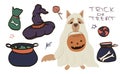 Big set of kawaii funny Halloween elements, characters, with text, haunted house, pumpkins, ghosts, cat, mummy . Isolated objects Royalty Free Stock Photo