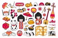 Big set of kawaii japanese cartoon stickers. Kokeshi doll, maneki-neko, sushi, geisha and origami Royalty Free Stock Photo