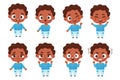 Big set kids emotions. Cute black ethnicity boy with different facial expressions and feelings - happiness, crying Royalty Free Stock Photo