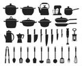 Big set of kitchen utensils, silhouette. Pots, frying pans, ladle, kettle, coffee maker, mixer, blender, knives. Icons Royalty Free Stock Photo