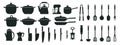 Big set of kitchen utensils, silhouette. Pots, frying pans, ladle, kettle, coffee maker, mixer, blender, knives. Icons Royalty Free Stock Photo