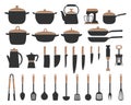 Big set of kitchen utensils, silhouette. Pots, frying pans, ladle, kettle, coffee maker, mixer, blender, knives. Icons Royalty Free Stock Photo