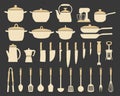 Big set of kitchen utensils, silhouette. Pots, frying pans, ladle, kettle, coffee maker, mixer, blender, knives. Icons Royalty Free Stock Photo