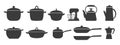Big set of kitchen utensils, silhouette. Pots, pans, ladle, kettle, coffee maker, mixer, blender. Icons Royalty Free Stock Photo