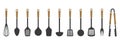 Big set of kitchen utensils, silhouette. Spatulas, hand mixer, spoons, ladles, tongs. Icons, vector Royalty Free Stock Photo