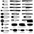 A big set of kitchenware knives, spoons, tins, ladles, pans with names. Silhouettes of kitchenware with names