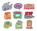 Big Set of Labels and Badges with Doodle Hand Drawn Elements and Typography No Plastic, Use Paper Bags, Stop Pollution Royalty Free Stock Photo