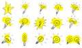 Big set of light bulbs flat icons. 15 vector illustrations in simple outline style. Doodle art graphic element for Royalty Free Stock Photo