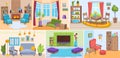 Big set living room interior place, five different residing place, concept design resting hall, lounge area cartoon Royalty Free Stock Photo