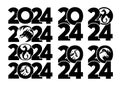 Big Set of logos 2024 with dragons. Icon with the symbol of the year. Simple, modern, black and white illustration.