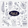 Big set Magic doodle. Dream Catcher, feathers, magic book, dried herb.