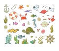 Big set of marine. Sea theme. Cute cartoon turtle starfish, funny fish, jellyfish and sea horse, seaweed and a bottle