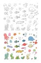 Big set of marine. Sea theme. Cute cartoon turtle starfish, funny fish, jellyfish and sea horse, seaweed and a bottle