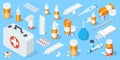 Big set of medical equipment and pharmacy. First Aid Kit. Isometric vector illustration Royalty Free Stock Photo