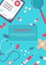 Big set of medical equipment and pharmacy. Pharmacy square frame with pills, drugs, medical bottles. Pharmacy vector flat Royalty Free Stock Photo