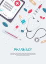 Big set of medical equipment and pharmacy. Pharmacy square frame with pills, drugs, medical bottles. Pharmacy vector flat Royalty Free Stock Photo
