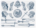 Big set medieval symbols, Helmet and gloves, shield with dragon and sword, knife and mace, spur vintage, engraved hand Royalty Free Stock Photo