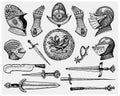 Big set medieval symbols, Helmet and gloves, shield with dragon and sword, knife and mace, spur vintage, engraved hand