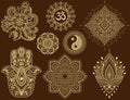 Big set of Mehndi flower pattern, mandala, mantra OM, Yin-yang symbol and Hamsa for Henna drawing and tattoo. Decoration in ethnic