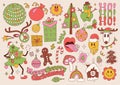 Big set of Merry Christmas groovy retro 70s elements. Groovy Hippie holiday collection clip art. Christmas tree mascot