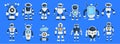 Big Set of Modern Robots Isolated on Blue Background Cute Character Cartoon Artificial Intelligence Concept Flat Vector