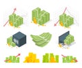 Big set of money icons. Piles dollars and coins. Isometric illustration