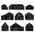 Big set of monochrome black white red wooden barns with windows, doors. Isolated vector houses icons on the white Royalty Free Stock Photo