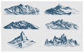 Big set of mountains peaks, vintage, old looking hand drawn, sketch or engraved style, different versions for hiking